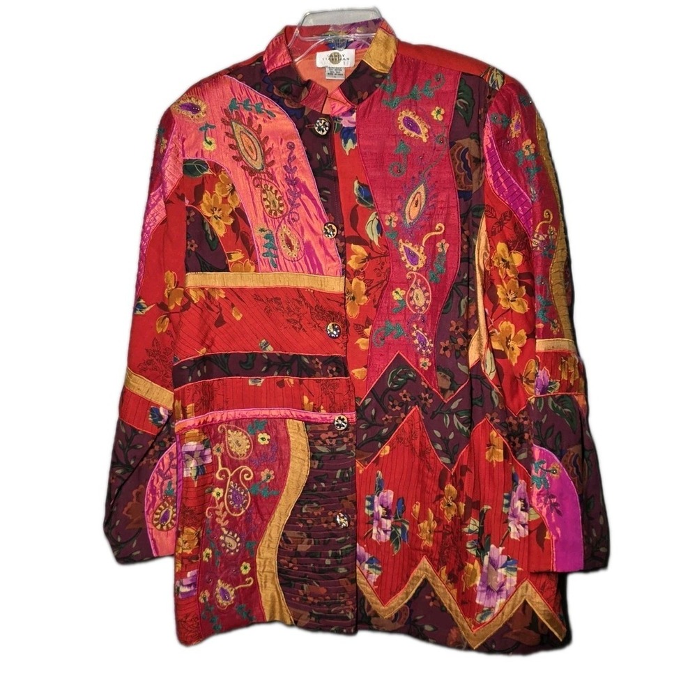 Sandy‎ Starkman Jacket Womens Large Silk Blend Floral Patchwork Wearable Art